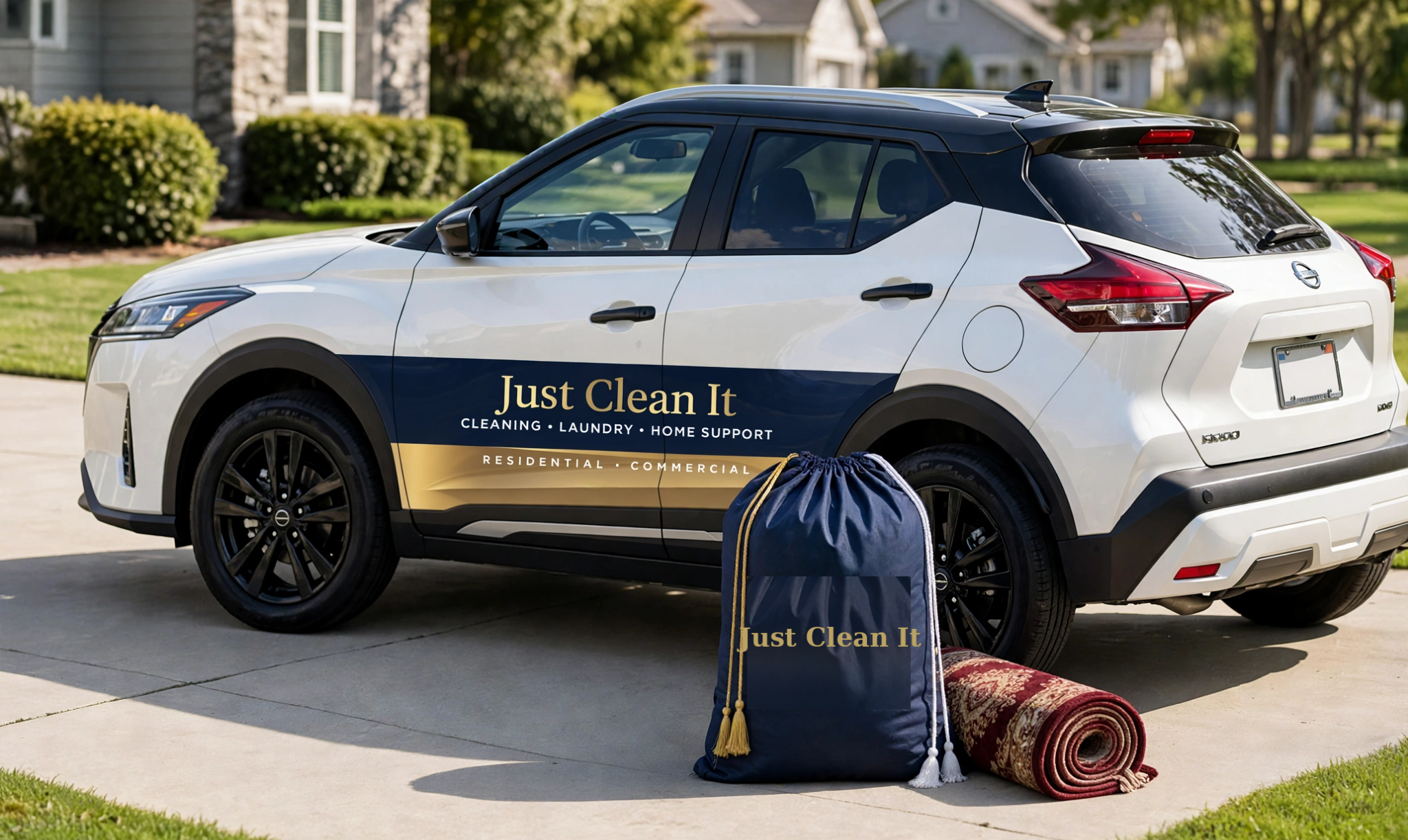 White Just Clean It Nissan Kicks with navy and gold livery, beside a large navy laundry bag and burgundy patterned rug